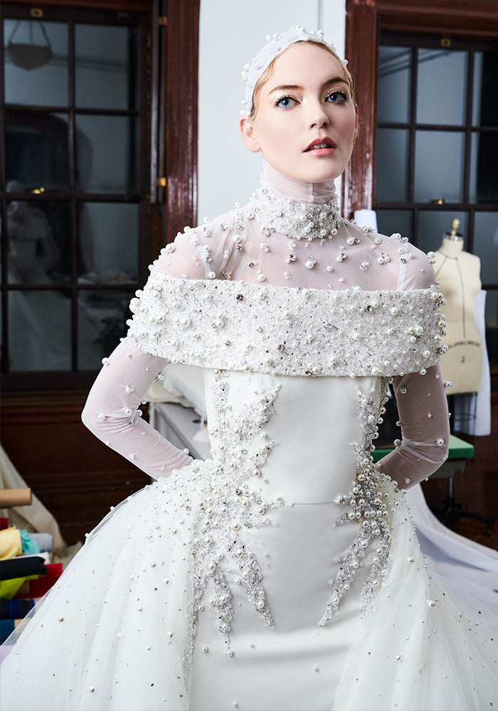 Pearl and Crystal Beaded Off the Shoulder Column Gown with Overskirt | Christian Siriano Pearl and Crystal Beaded Off the Shoulder Column Gown with Overskirt | Christian Siriano