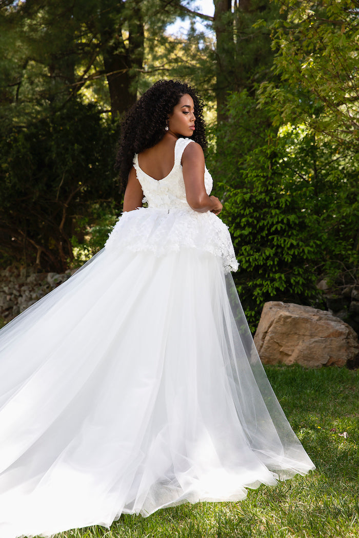 Lace Embroidered Column Gown with Peplum Tulle Overskirt