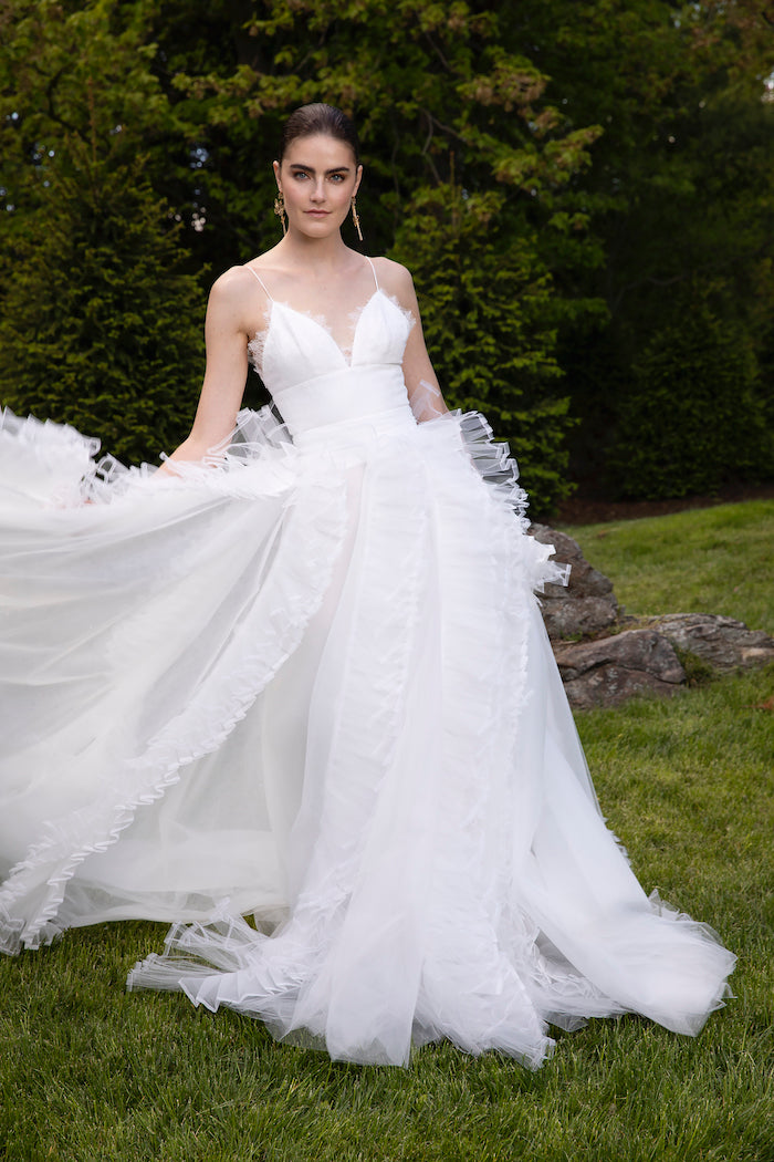 Lace Scallop Edge Bodice with Pleated Organza and Tulle Skirt