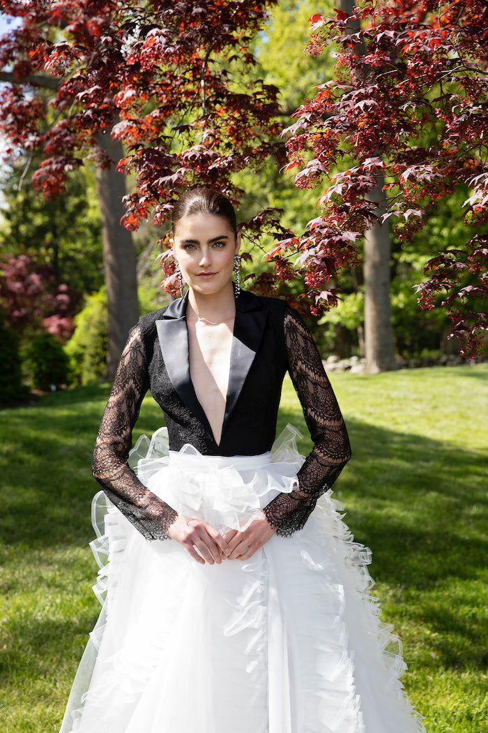 Cropped Lace Tuxedo Bodice with Organza and Tulle Ball Skirt