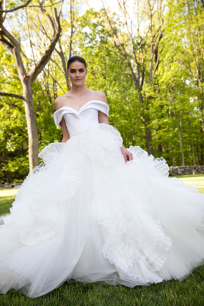 Sculpted Crepe Off the Shoulder Bodice with Organza and Tulle Rosette Skirt