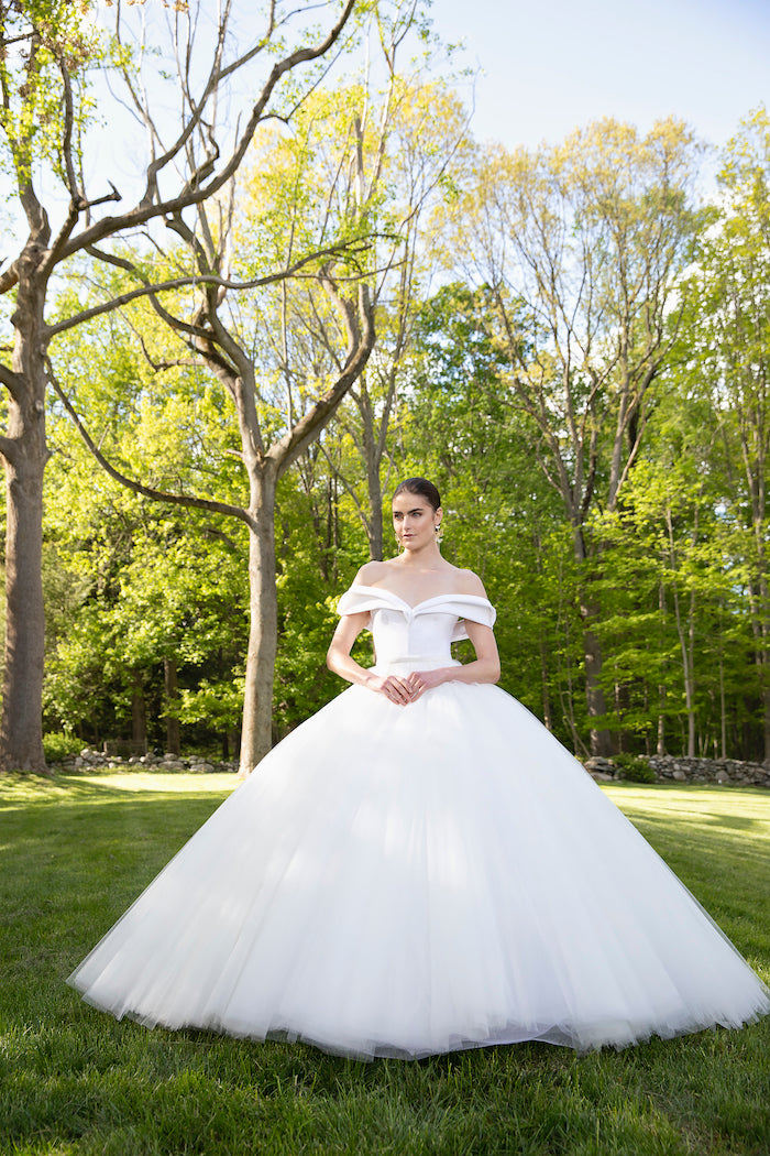 Silk Faille Off the Shoulder Bodice with Tulle Ball Skirt