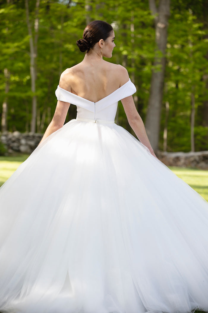 Silk Faille Off the Shoulder Bodice with Tulle Ball Skirt