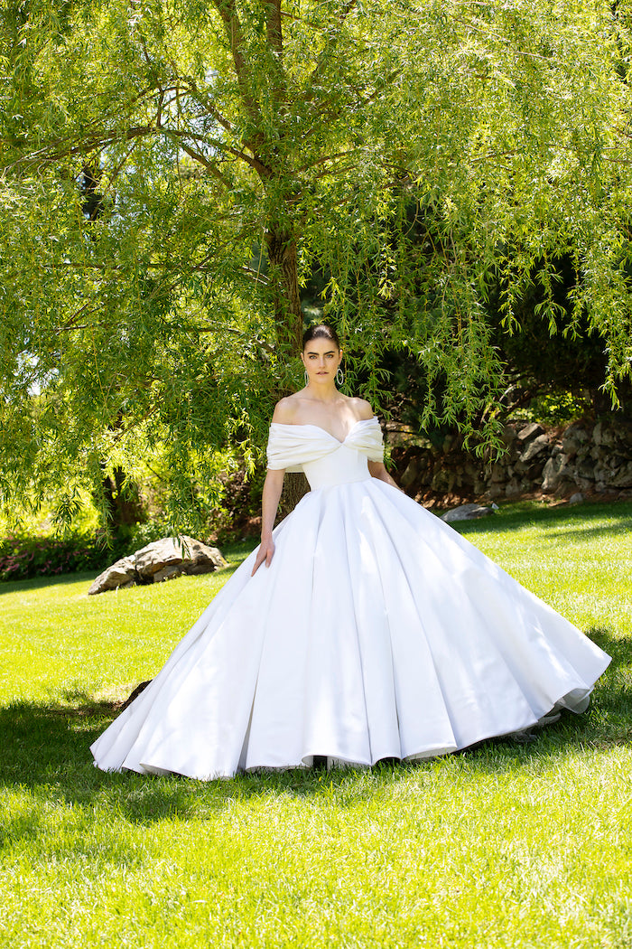 Silk Faille Off the Shoulder Draped Bodice Gown Silk Faille Off the Shoulder Draped Bodice Gown