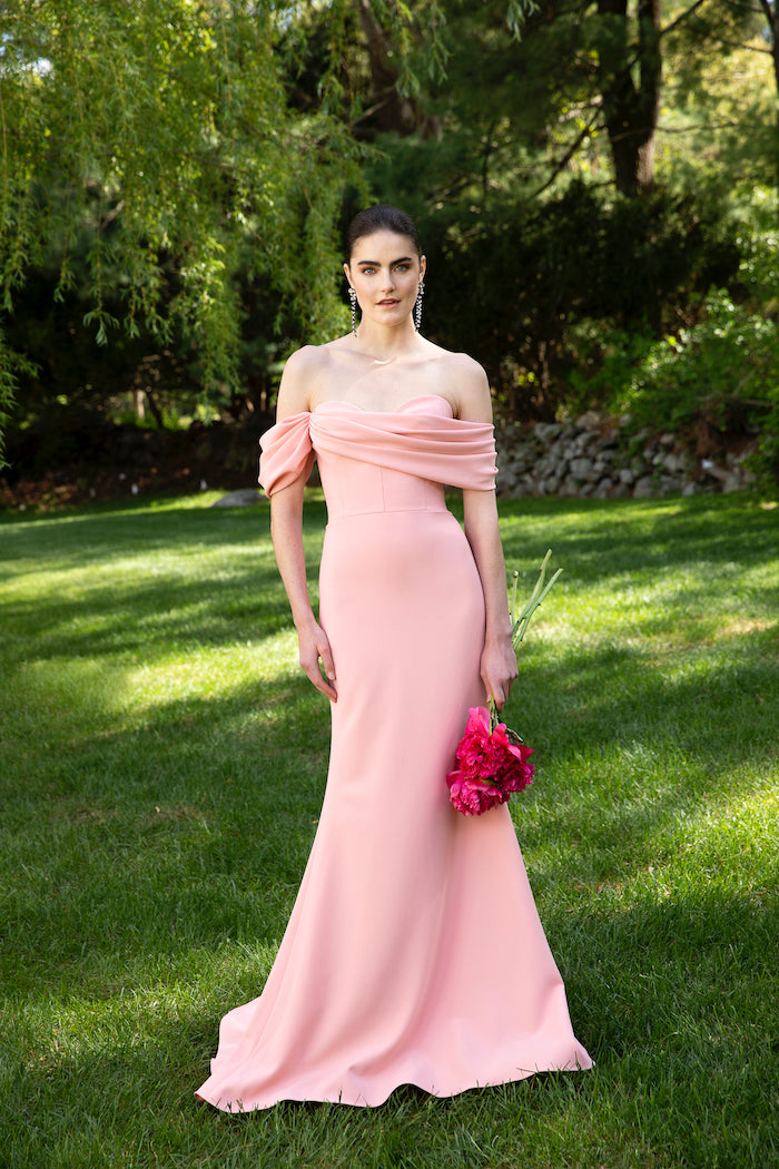 Crepe Off the Shoulder Draped Bodice Gown