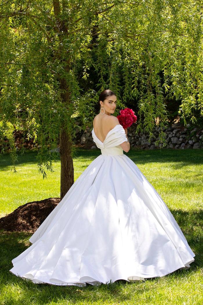 Silk Faille Off the Shoulder Draped Bodice Gown