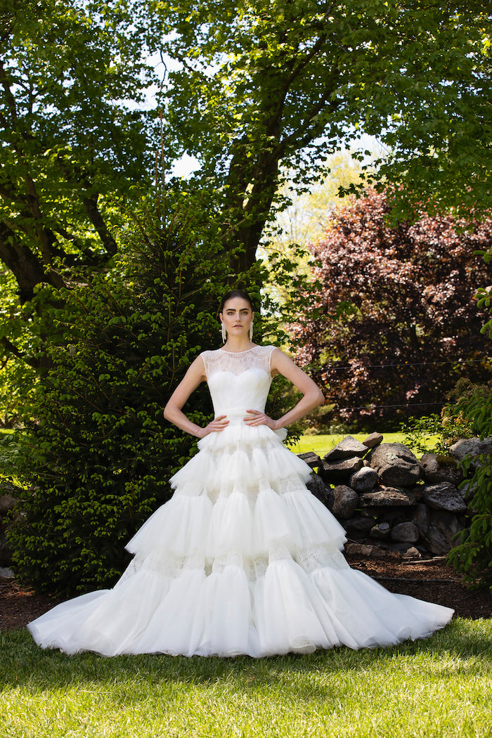 Lace and Tulle Cascading Tiered Gown