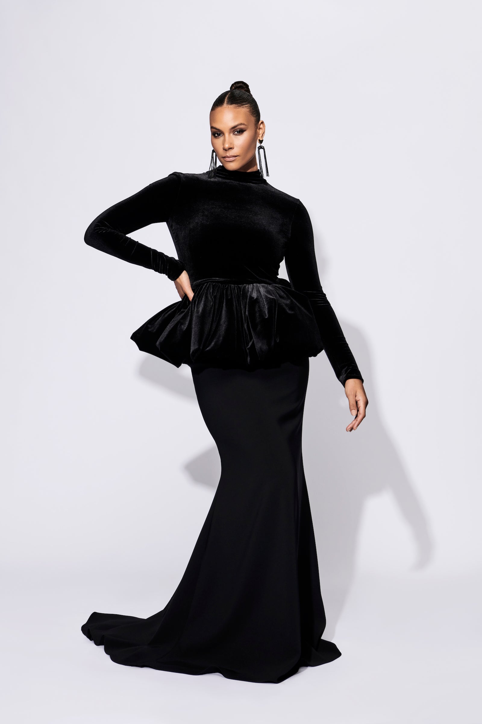 long sleeve black peplum dress Black Long-sleeve Pleated Midi Dress With Peplum