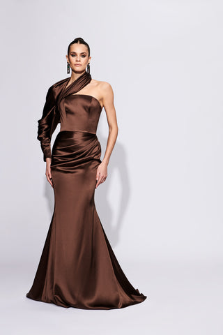 Satin Draped One Sleeve Gown