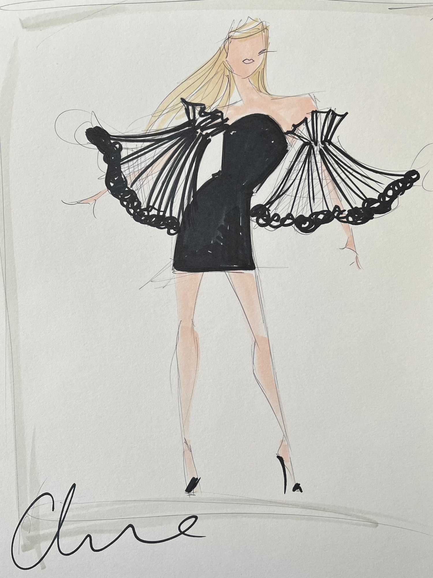 “Lady Gaga - Cascading Tulle Sleeve Mini" - Sketch Print