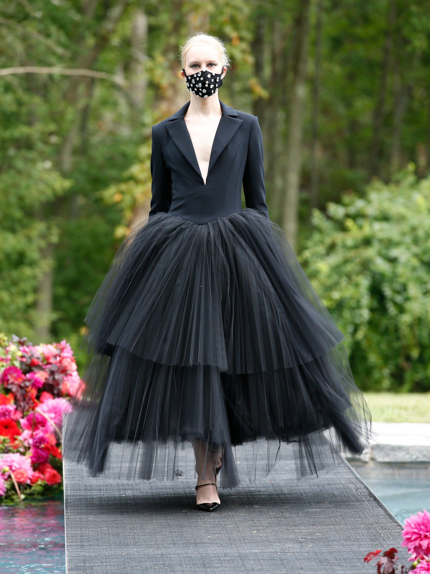 Tuxedo Bodice Pleated Tulle Tea Length Cocktail Dress | Christian Siriano Tuxedo Bodice Pleated Tulle Tea Length Cocktail Dress | Christian Siriano