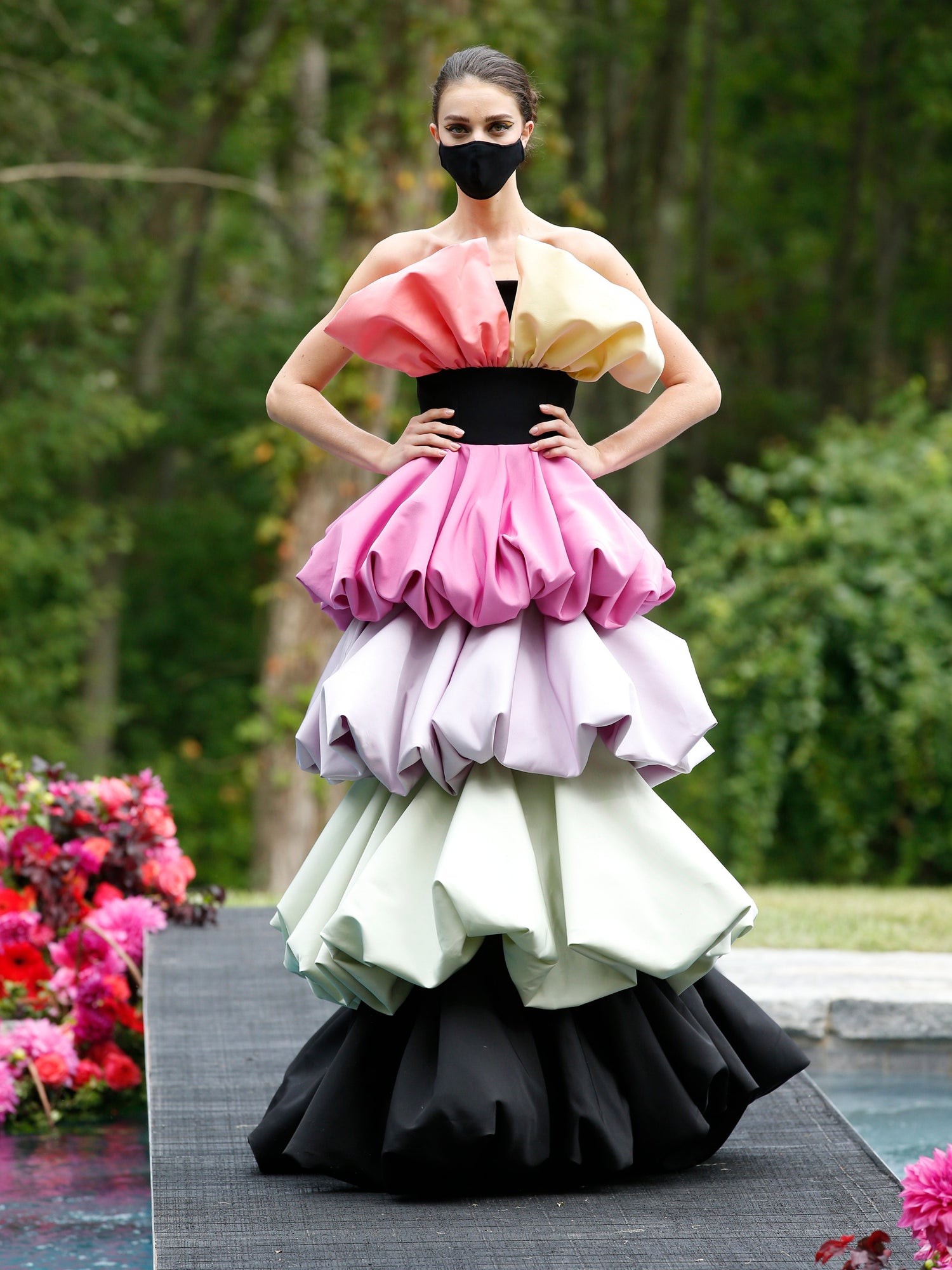 Multi Color Strapless Tiered Ruffle Gown