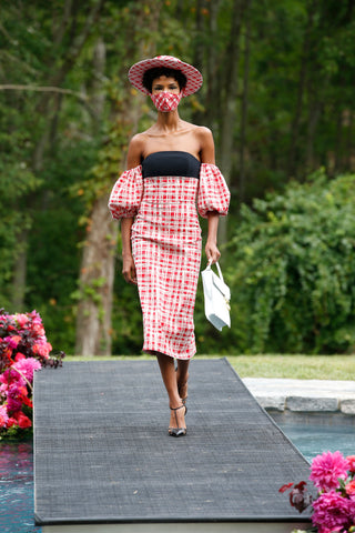 Gingham Off the Shoulder Puff Sleeve Mid Length Dress