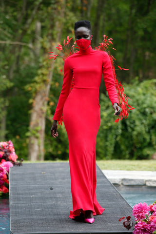 Red Mock Neck Feather Detail Gown