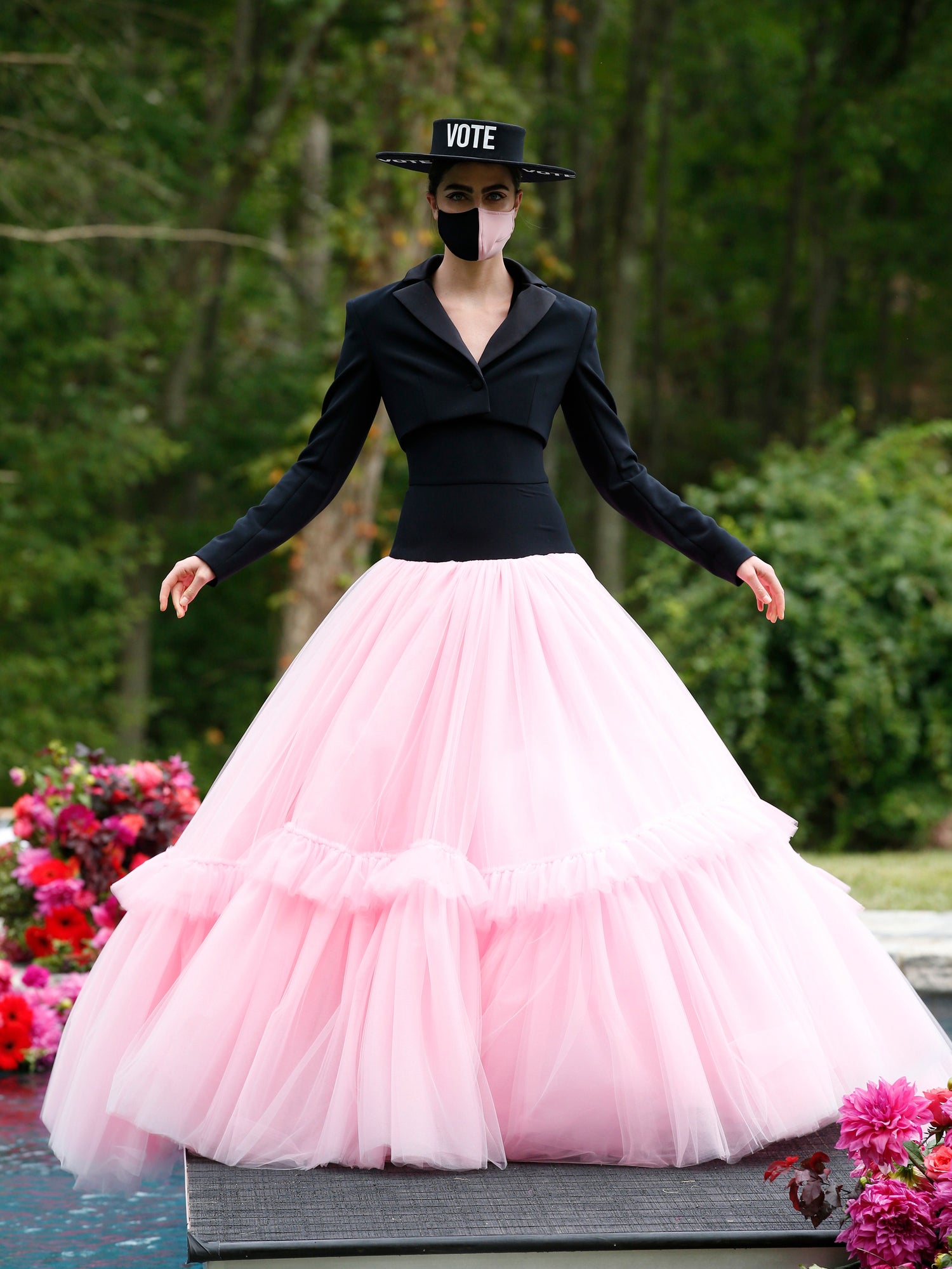 Cropped Tuxedo Blazer Drop Waist Tulle Gown