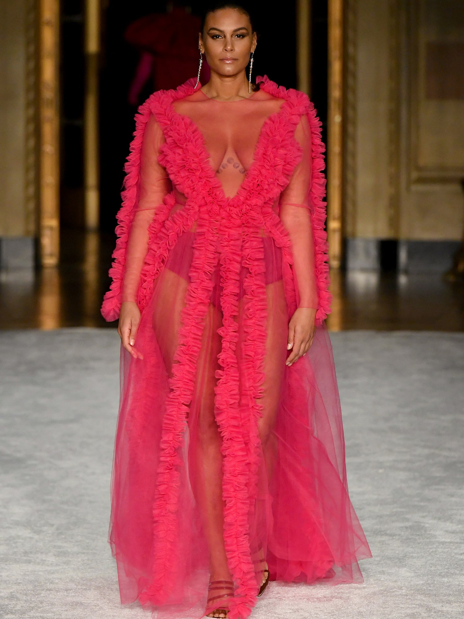 christian siriano pink dress Luminous Pink Gathered Tulle Detail Gown