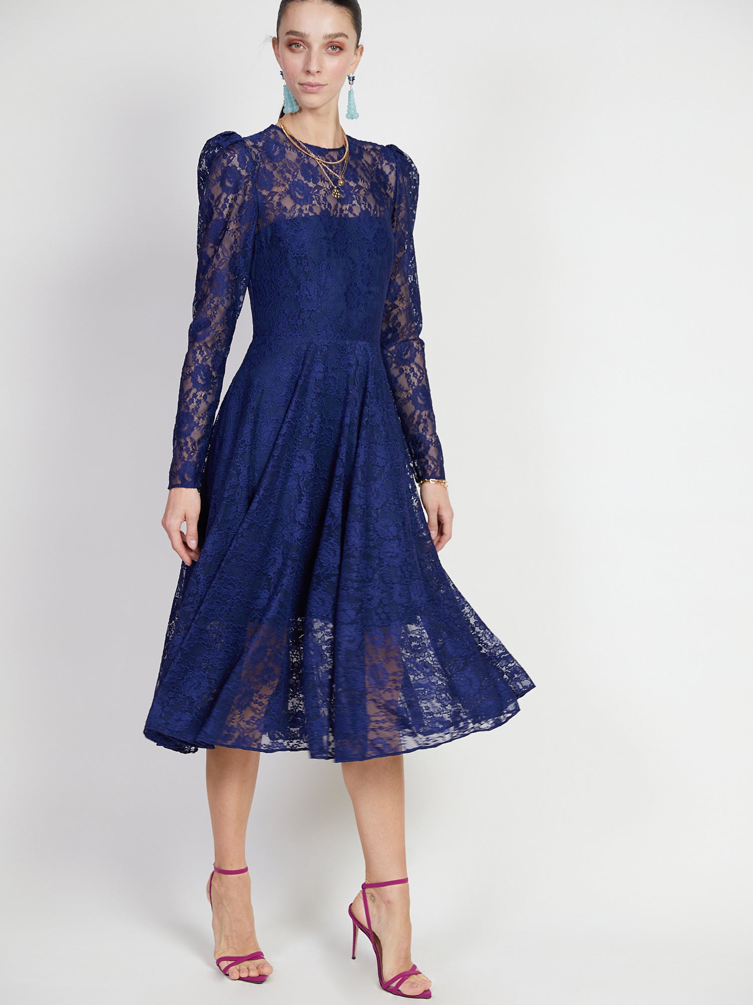 Navy Lace Puff Sleeve Dress