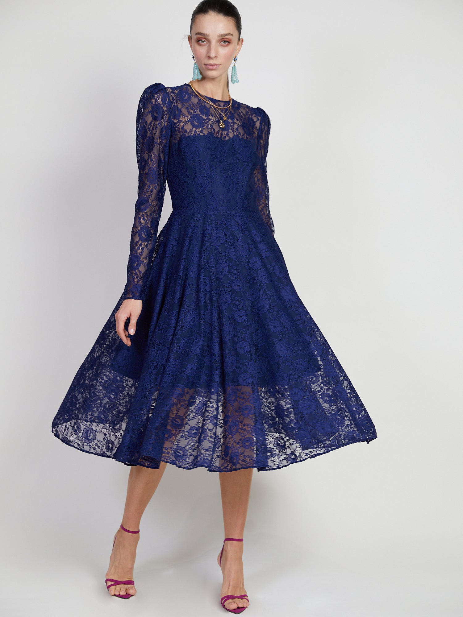 Navy Lace Puff Sleeve Dress