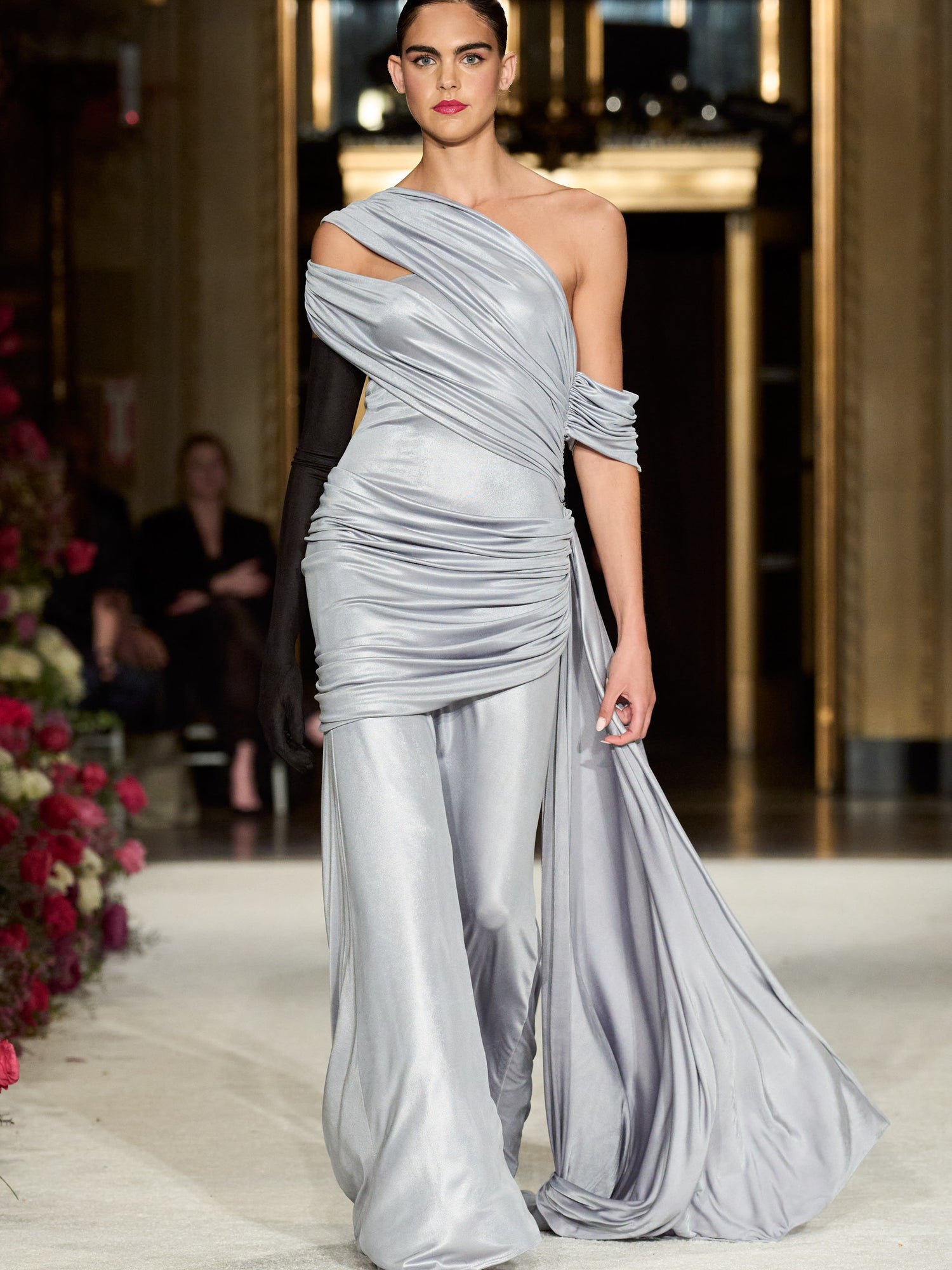 christian siriano off the shoulder dress Off the Shoulder Textured Crepe Gown with Button Front Detail