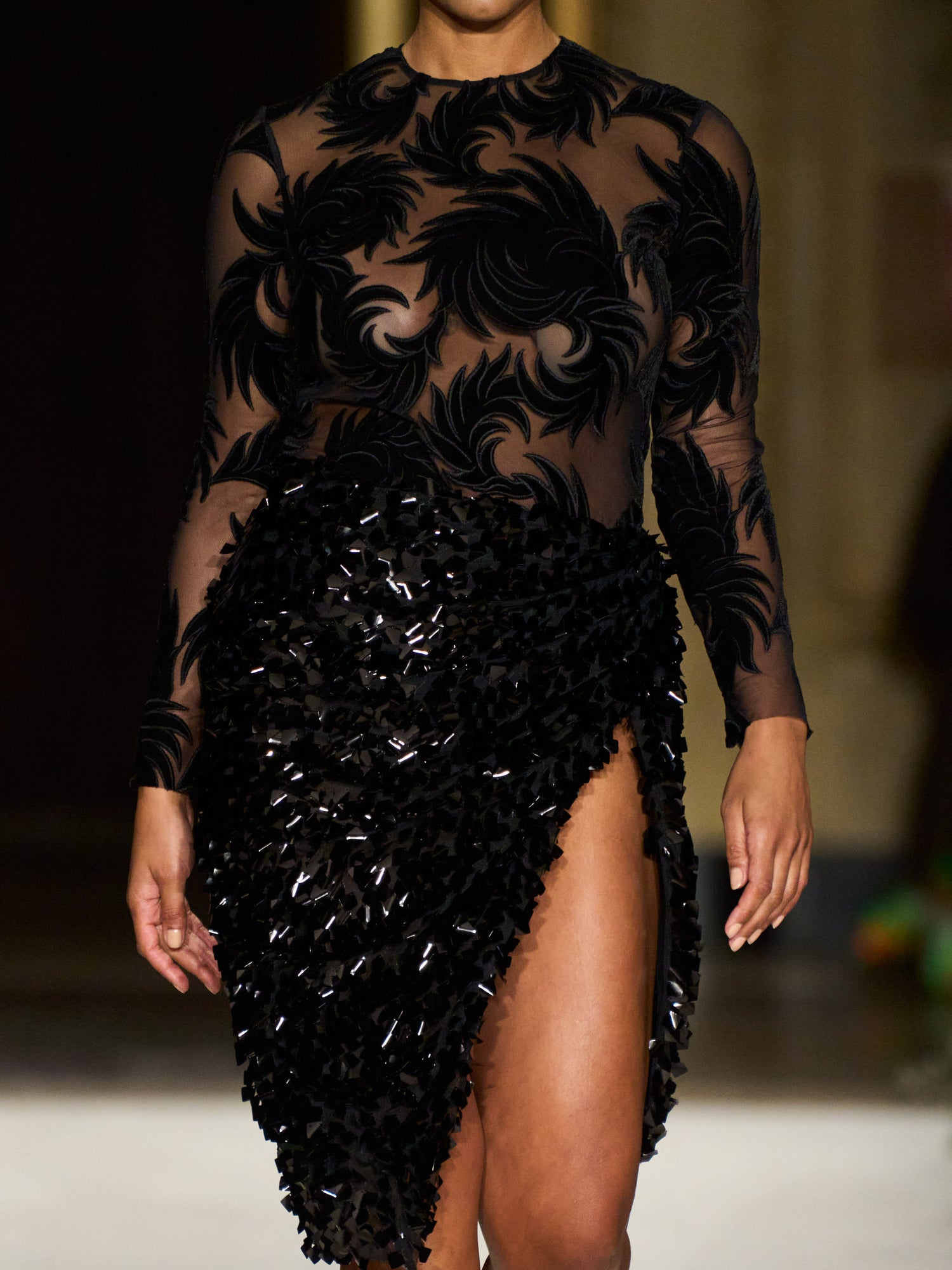Black Paillette Asymmetric Midi Skirt