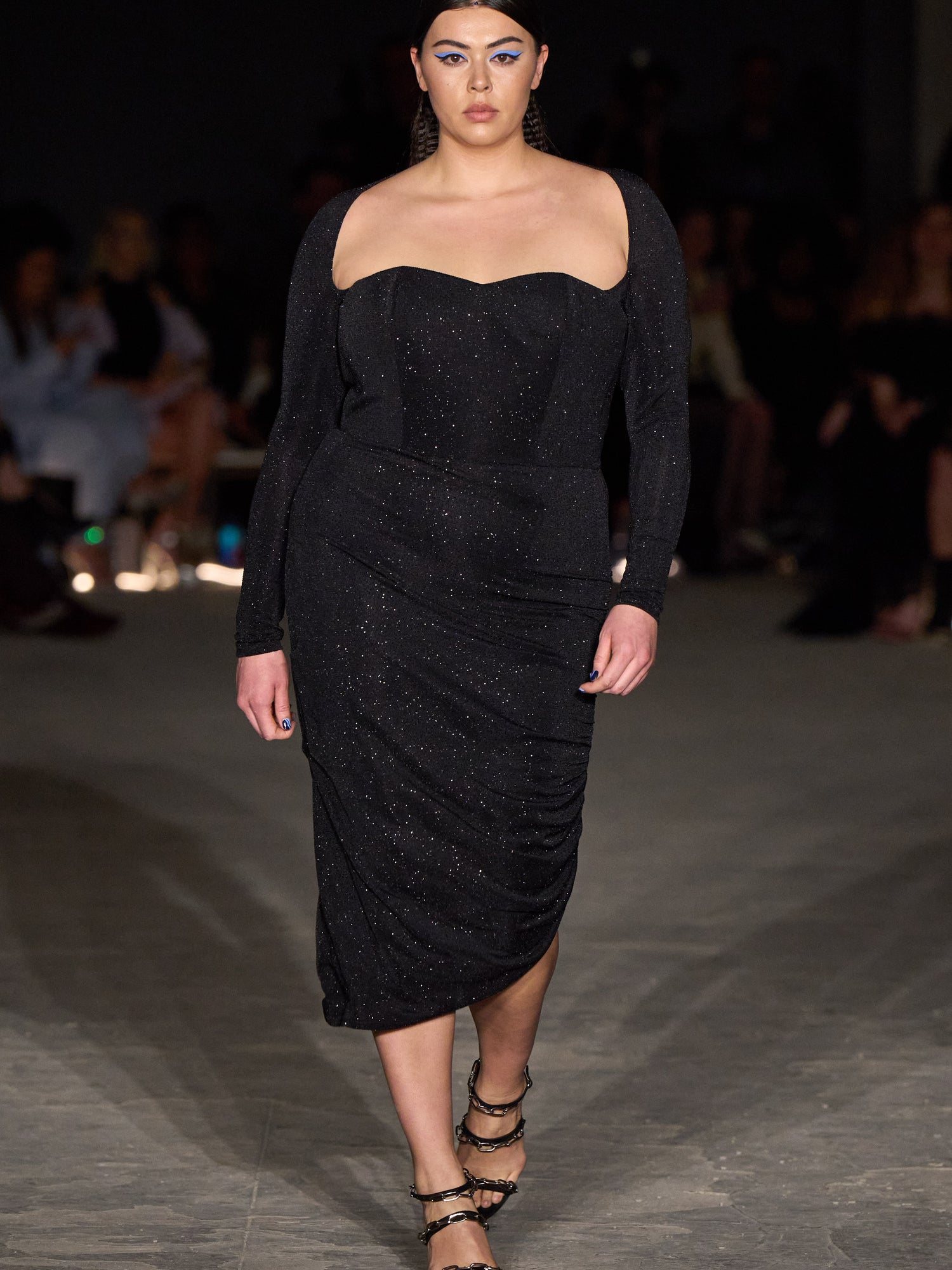 Black Shimmer Side Ruched Long Sleeve Dress | Christian Siriano Black Shimmer Side Ruched Long Sleeve Dress | Christian Siriano