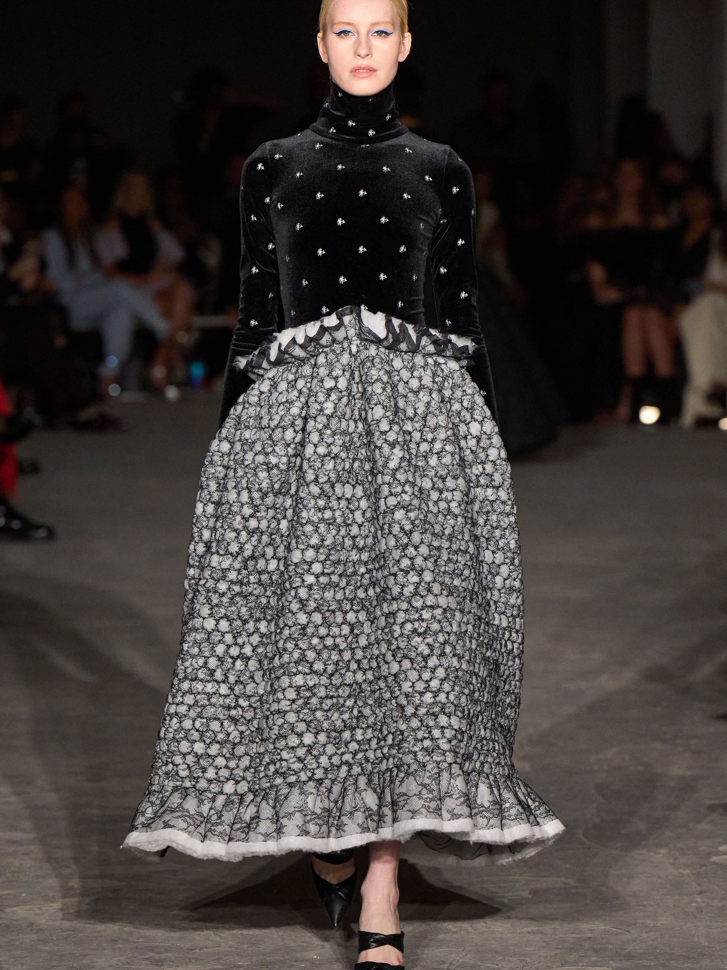 Embellished Velvet Long Sleeve High Neck Quilted Lace Tea Length Dress | Christian Siriano Embellished Velvet Long Sleeve High Neck Quilted Lace Tea Length Dress | Christian Siriano