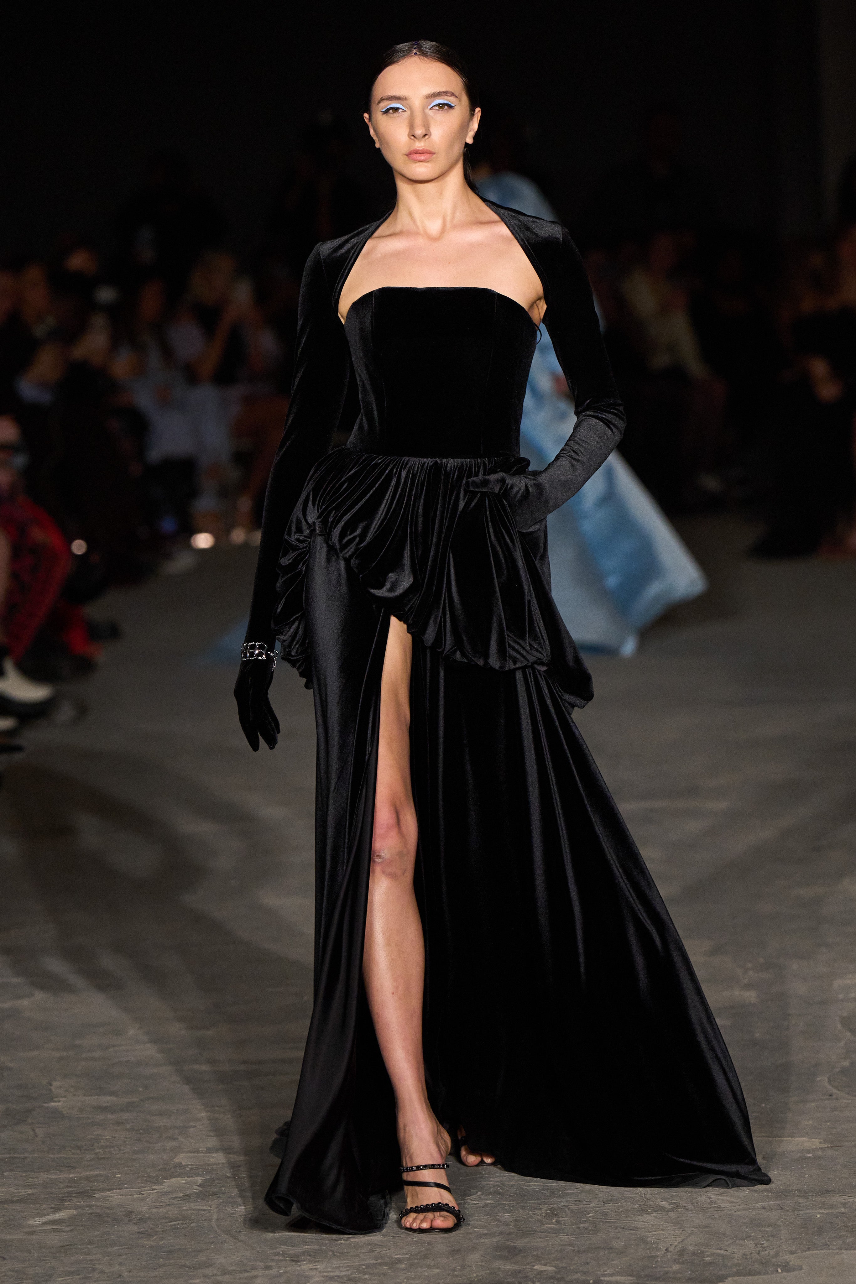 black velvet strapless dress Black Velvet Strapless Bubble Peplum Gown