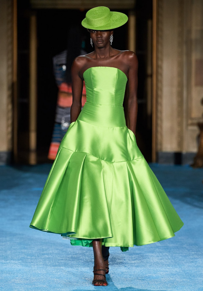Iridescent Lime Strapless Tea Length Dress