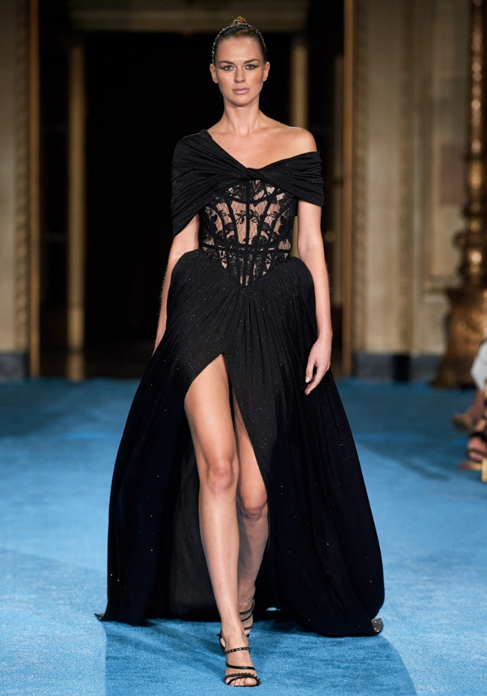 Draped Shoulder Corset Gown with High Slit